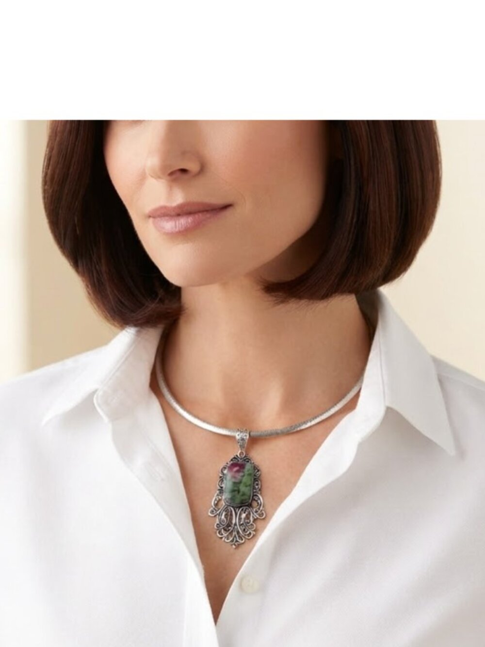 Ruby Zoisite (pd3) Pendant Natural Gems Green Purple Filigree Silver Art 2.5" L